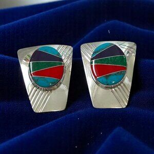 Gorgeous signed Navajo sterling silver & stone inlay earrings